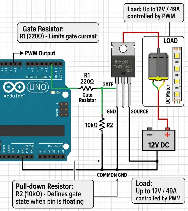 IRFZ44N MOSFET Guide: Datasheet, Pinout, Specs, and Arduino Applications