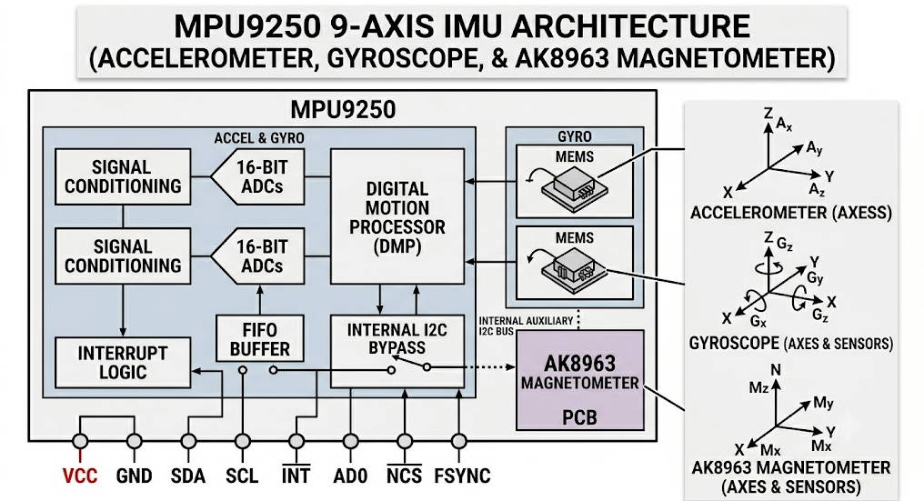 Module Function Reference Table MPU9250 Guide 2026: Datasheet, Register Map, Calibration & ESP32 Wiring
