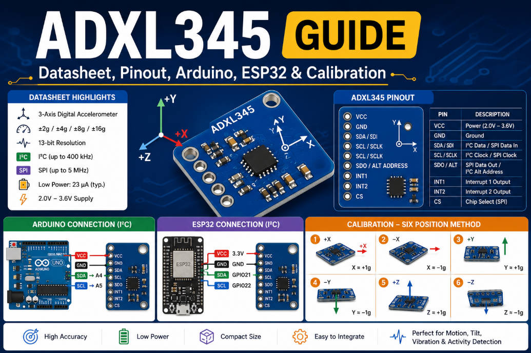 ADXL345 Guide: Datasheet, Pinout, Arduino, ESP32 & Calibration