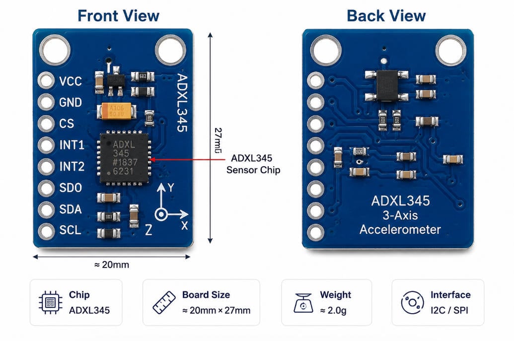 ADXL345 Guide: Datasheet, Pinout, Arduino, ESP32 & Calibration