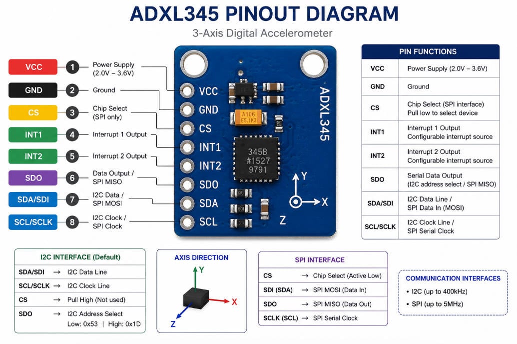 ADXL345 Guide: Datasheet, Pinout, Arduino, ESP32 & Calibration