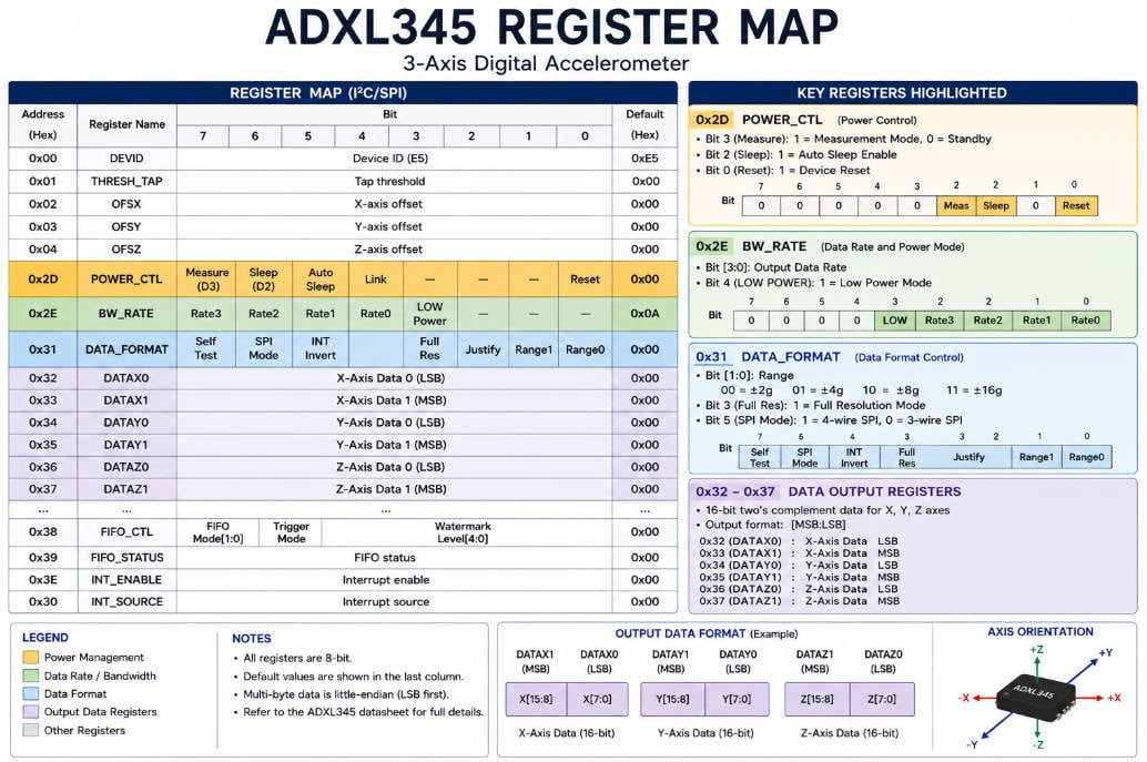ADXL345 Guide: Datasheet, Pinout, Arduino, ESP32 & Calibration